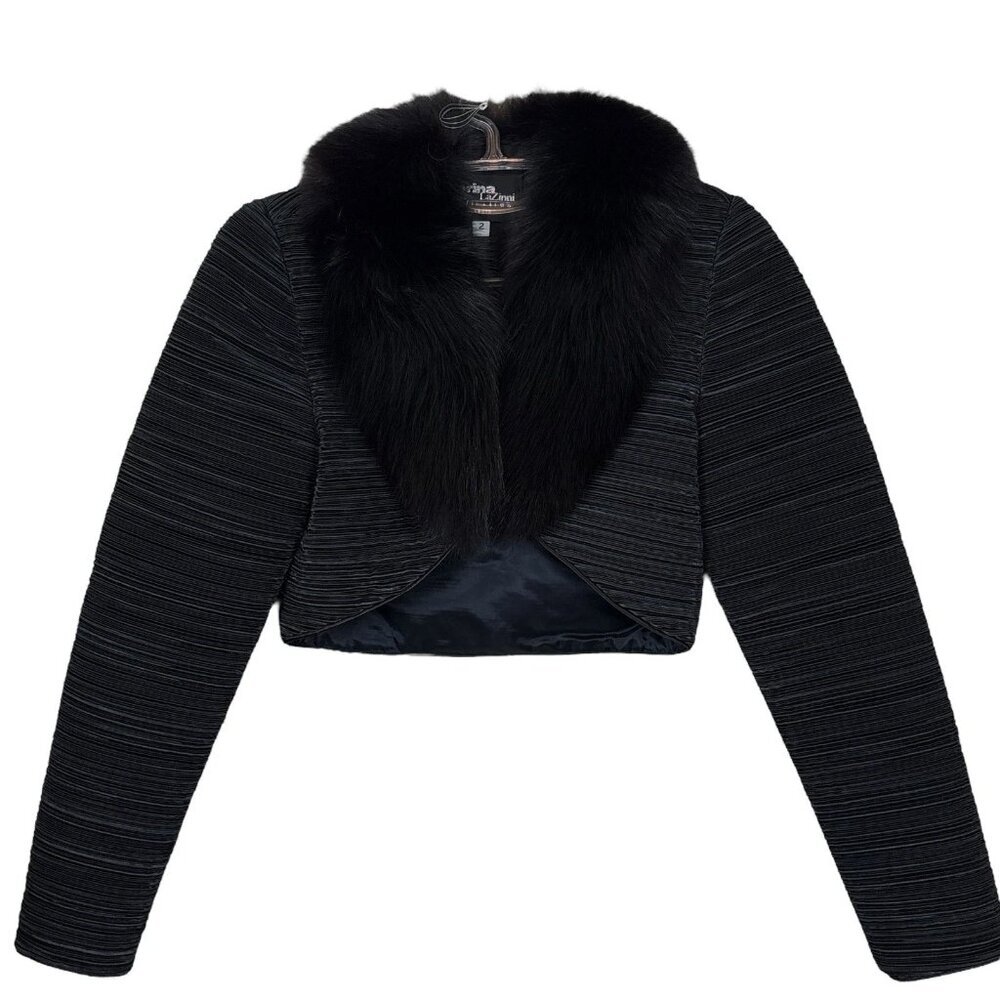 Vtg Lorina LaZinni Textured Faux Fur Collar Cropped Evening Jacket Black Size 2